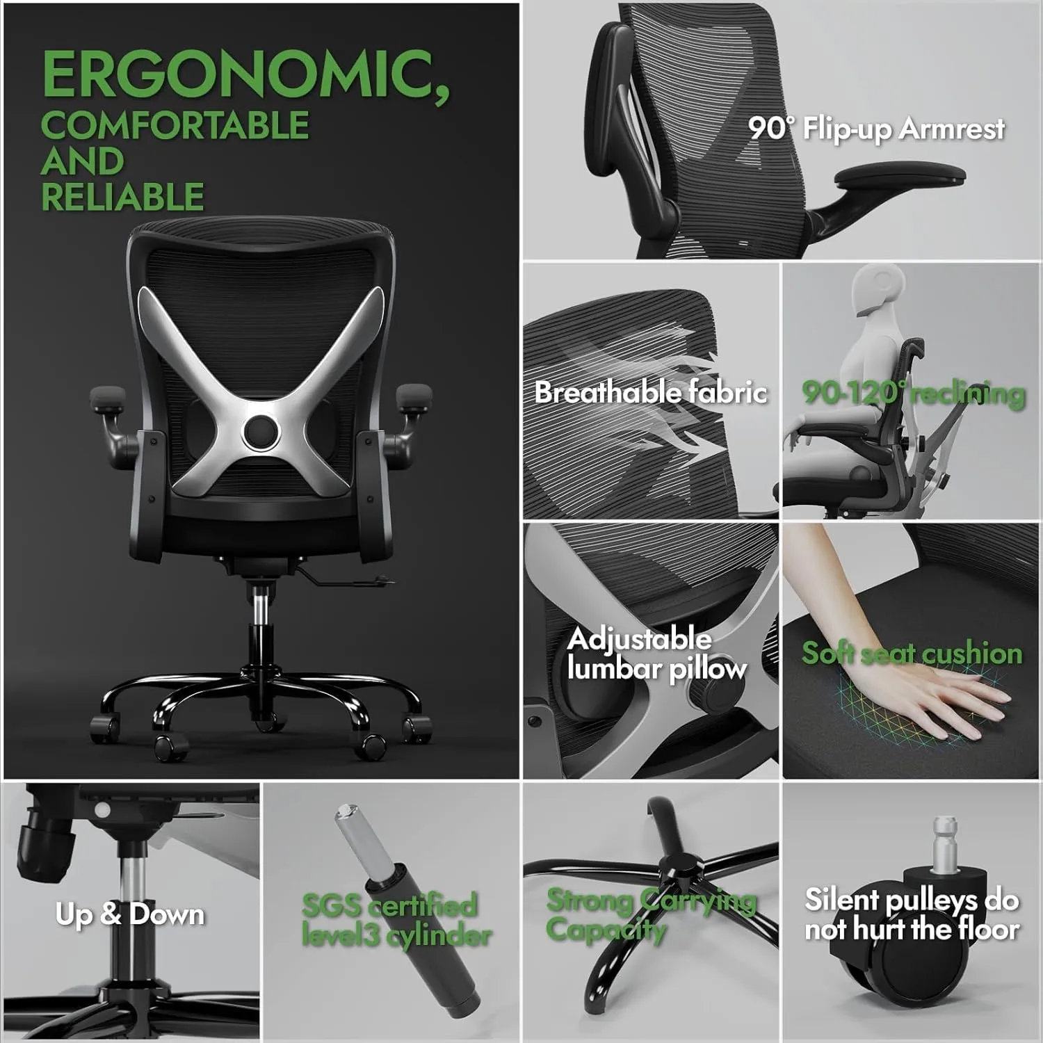Ergonomic Office Chair - X-Shaped Computer Desk Comfy, Gaming, Mesh With Lumbar Support for Long Hours (Black Silver)