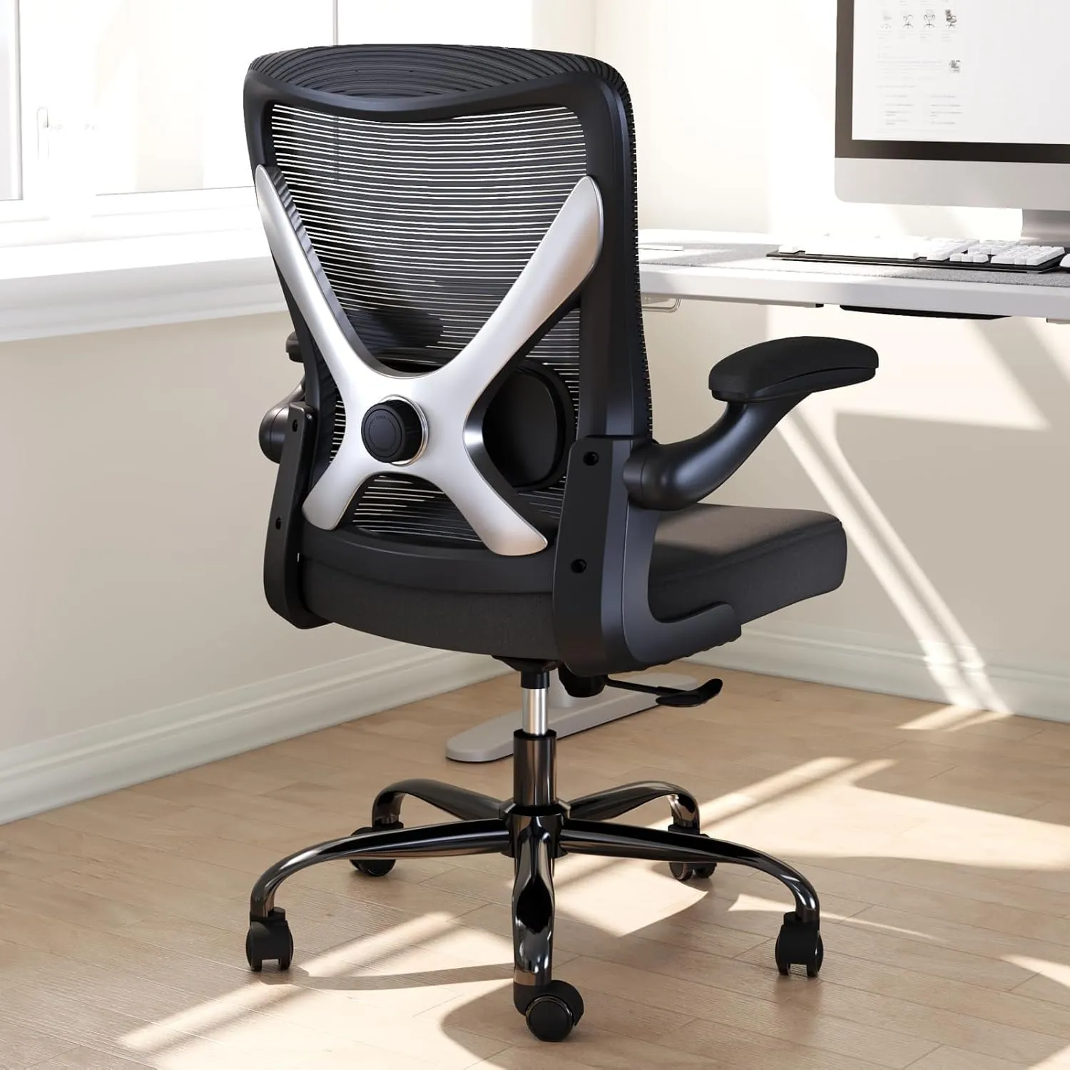 Ergonomic Office Chair - X-Shaped Computer Desk Comfy, Gaming, Mesh With Lumbar Support for Long Hours (Black Silver)
