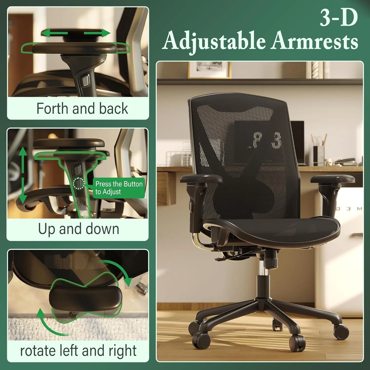 Ergonomic Office Chair,High-Back Swivel Computer Gaming Desk Chair with Adjustable Armrests and Lumbar Support,Home Office Chair with Breathable Mesh Backrest,3-Gear Tilt
