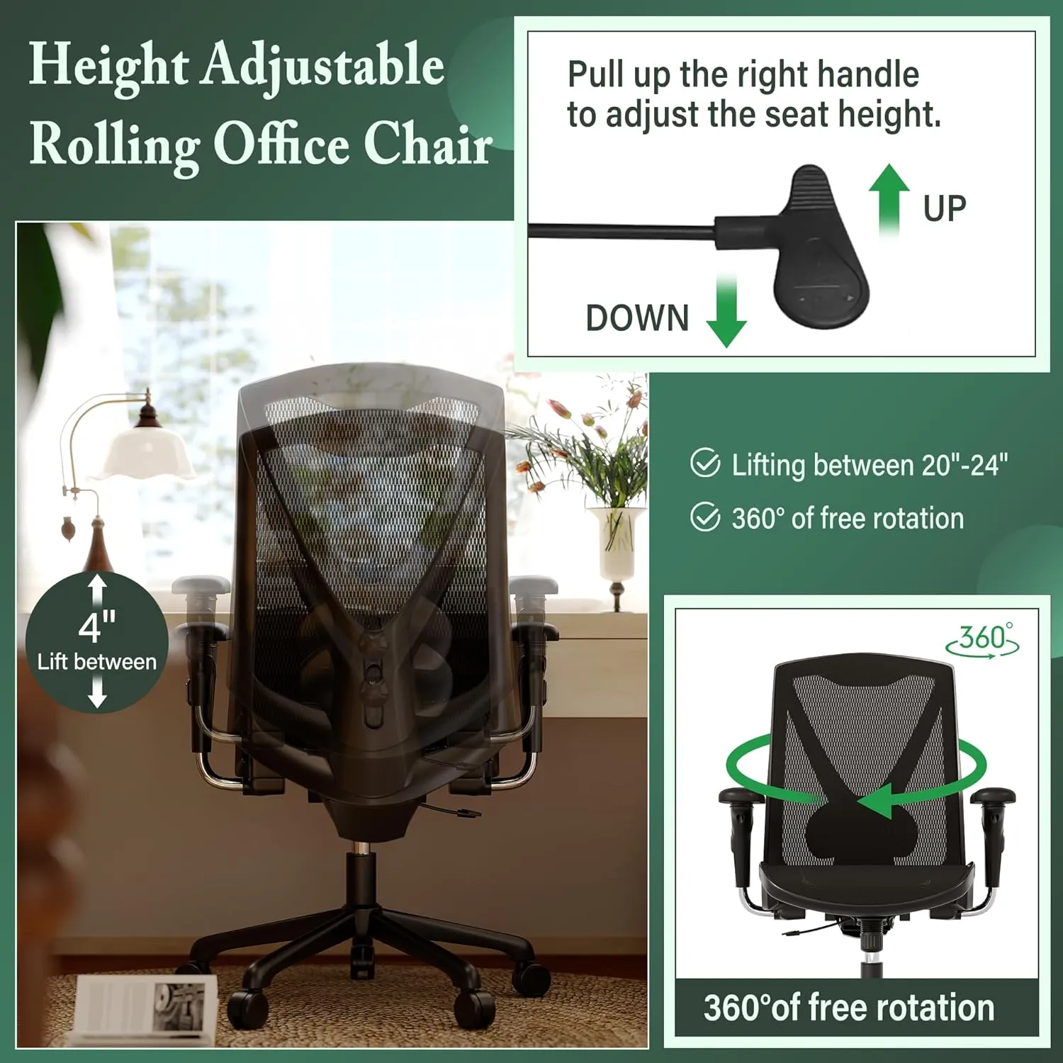 Ergonomic Office Chair,High-Back Swivel Computer Gaming Desk Chair with Adjustable Armrests and Lumbar Support,Home Office Chair with Breathable Mesh Backrest,3-Gear Tilt
