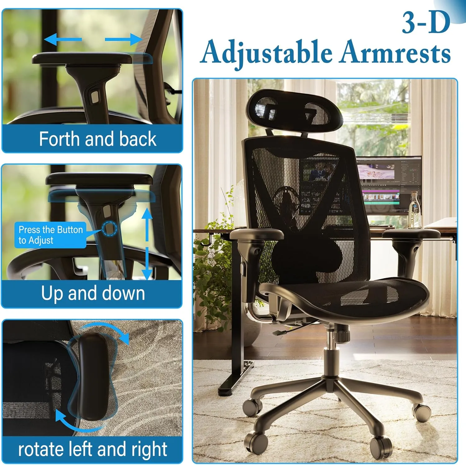 Ergonomic Office Chair,High-Back Swivel Computer Gaming Desk Chair with Adjustable Armrests and Lumbar Support,Home Office Chair with Breathable Mesh Backrest,3-Gear Tilt