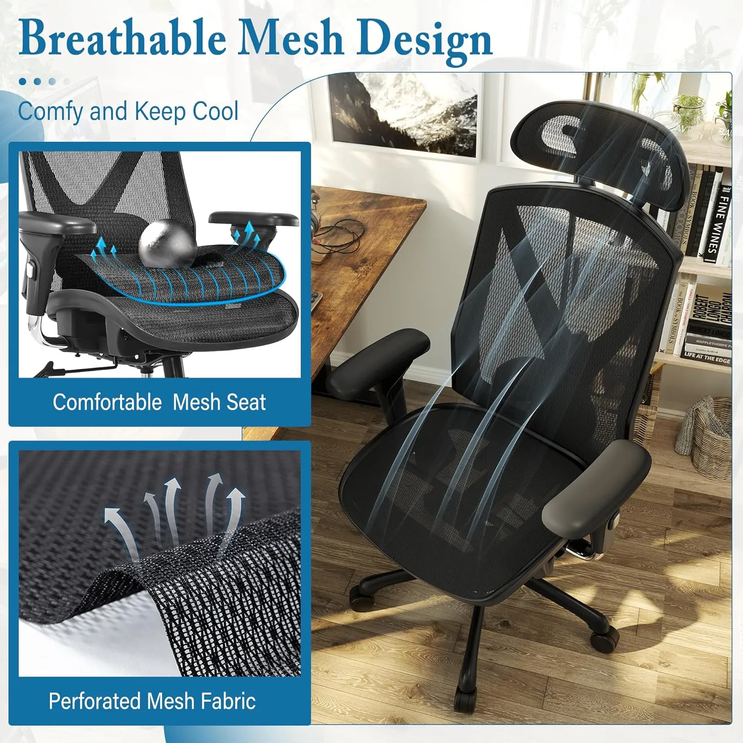 Ergonomic Office Chair,High-Back Swivel Computer Gaming Desk Chair with Adjustable Armrests and Lumbar Support,Home Office Chair with Breathable Mesh Backrest,3-Gear Tilt