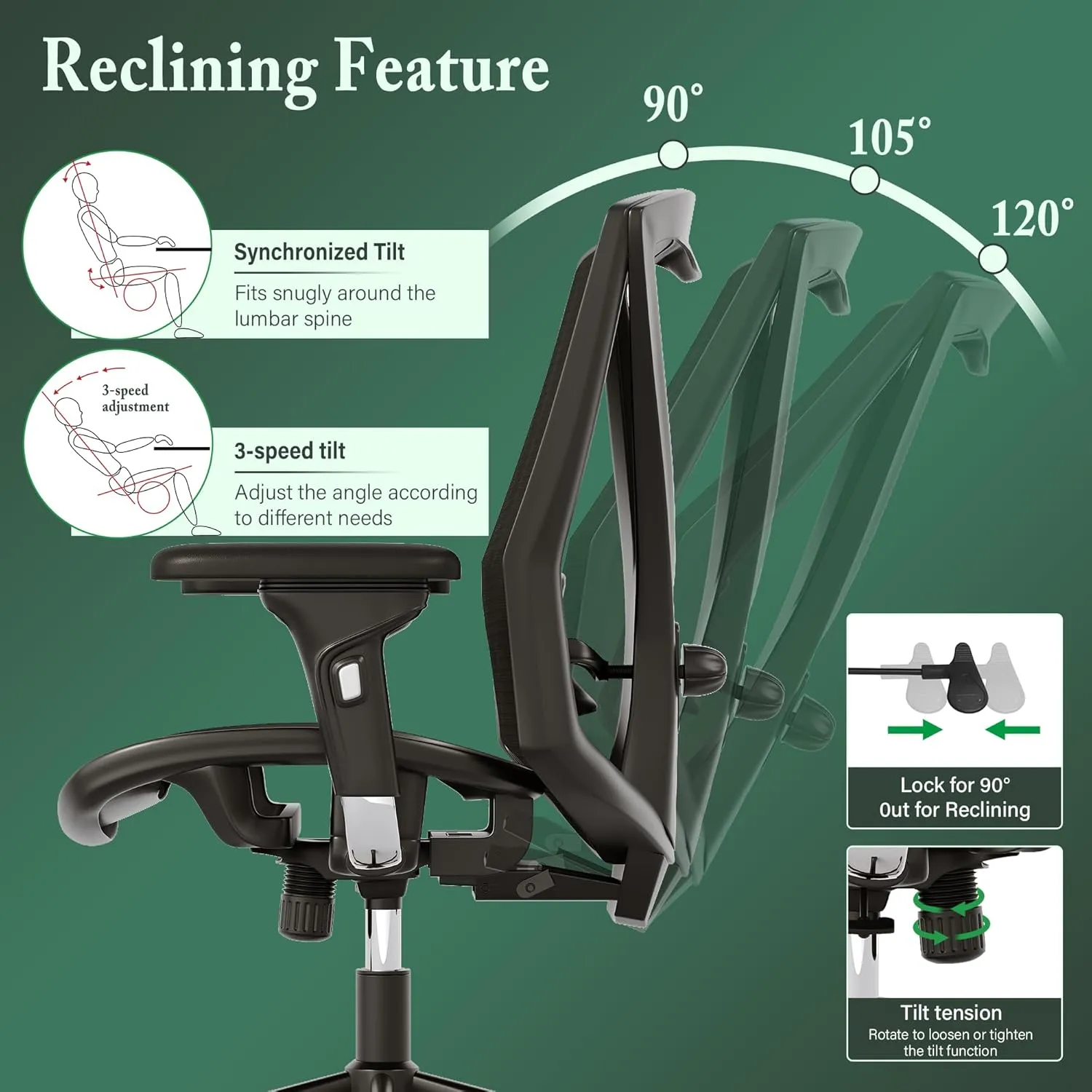 Ergonomic Office Chair,High-Back Swivel Computer Gaming Desk Chair with Adjustable Armrests and Lumbar Support,Home Office Chair with Breathable Mesh Backrest,3-Gear Tilt