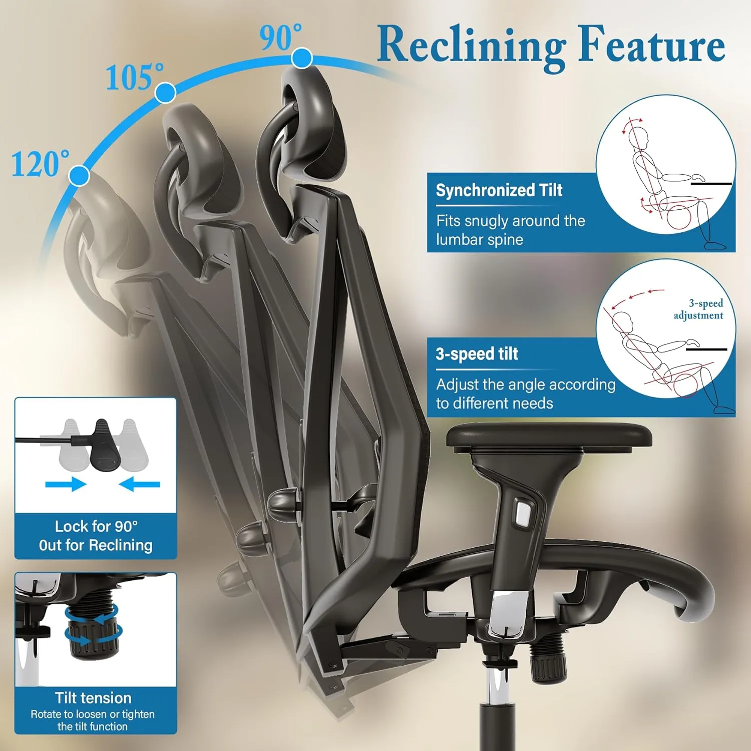 Ergonomic Office Chair,High-Back Swivel Computer Gaming Desk Chair with Adjustable Armrests and Lumbar Support,Home Office Chair with Breathable Mesh Backrest,3-Gear Tilt