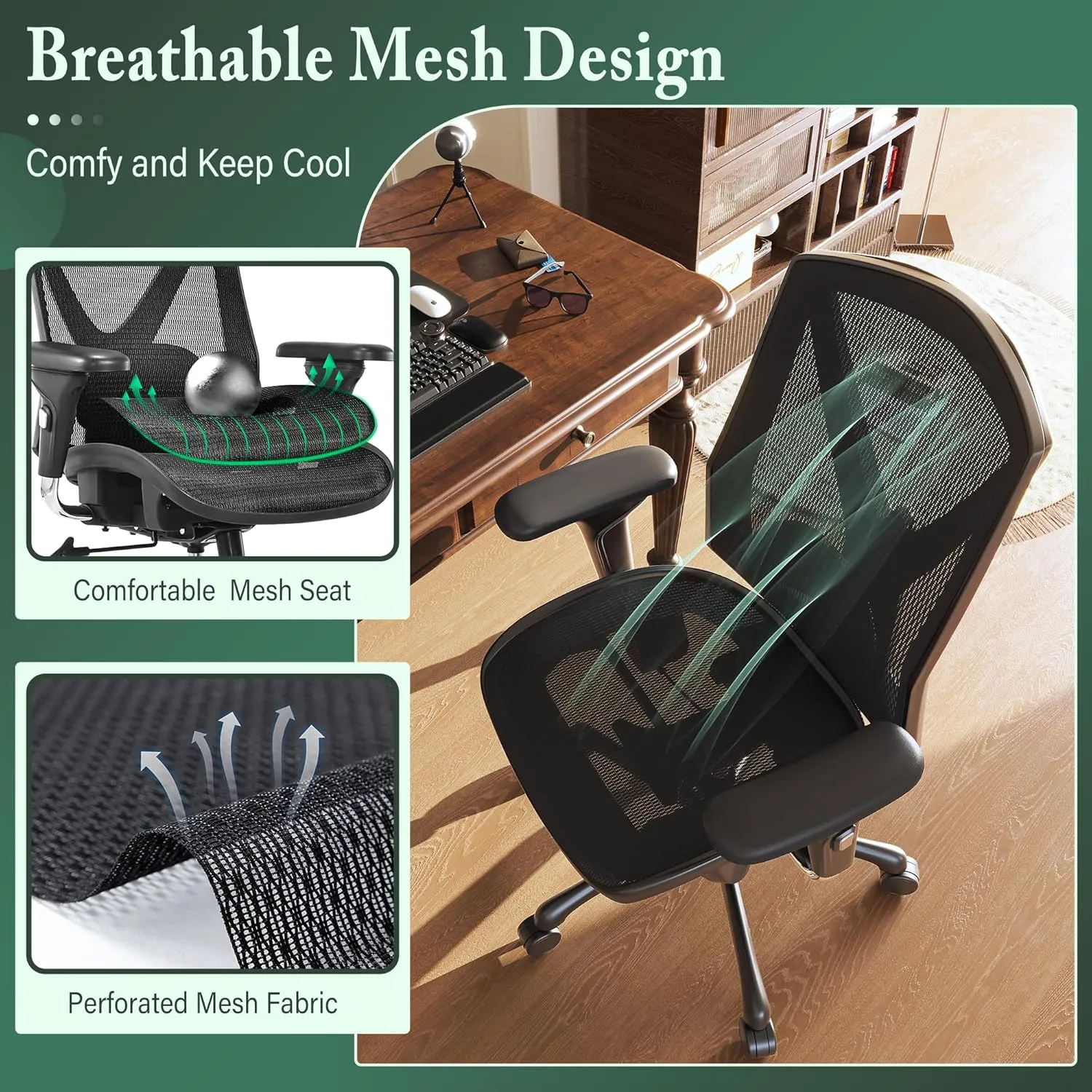 Ergonomic Office Chair,High-Back Swivel Computer Gaming Desk Chair with Adjustable Armrests and Lumbar Support,Home Office Chair with Breathable Mesh Backrest,3-Gear Tilt