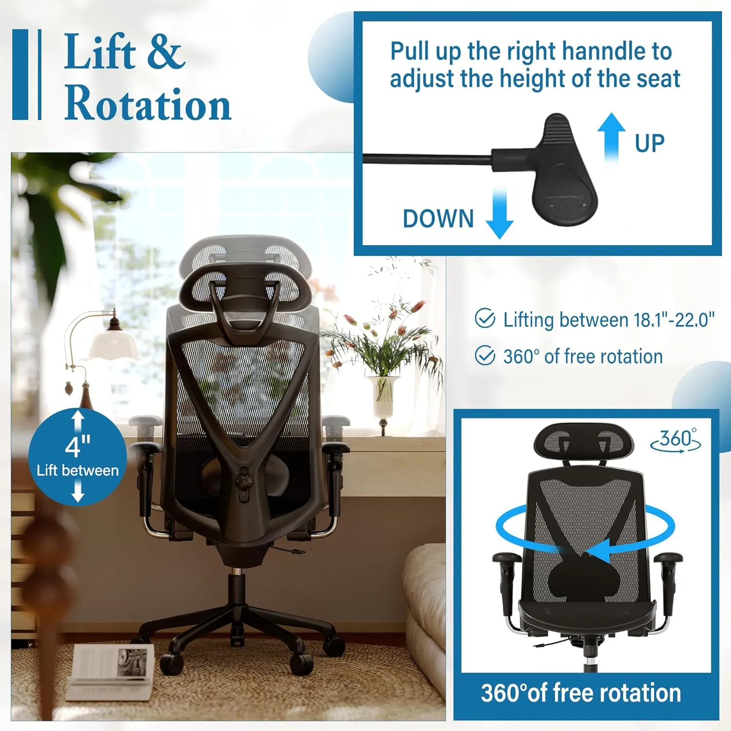 Ergonomic Office Chair,High-Back Swivel Computer Gaming Desk Chair with Adjustable Armrests and Lumbar Support,Home Office Chair with Breathable Mesh Backrest,3-Gear Tilt