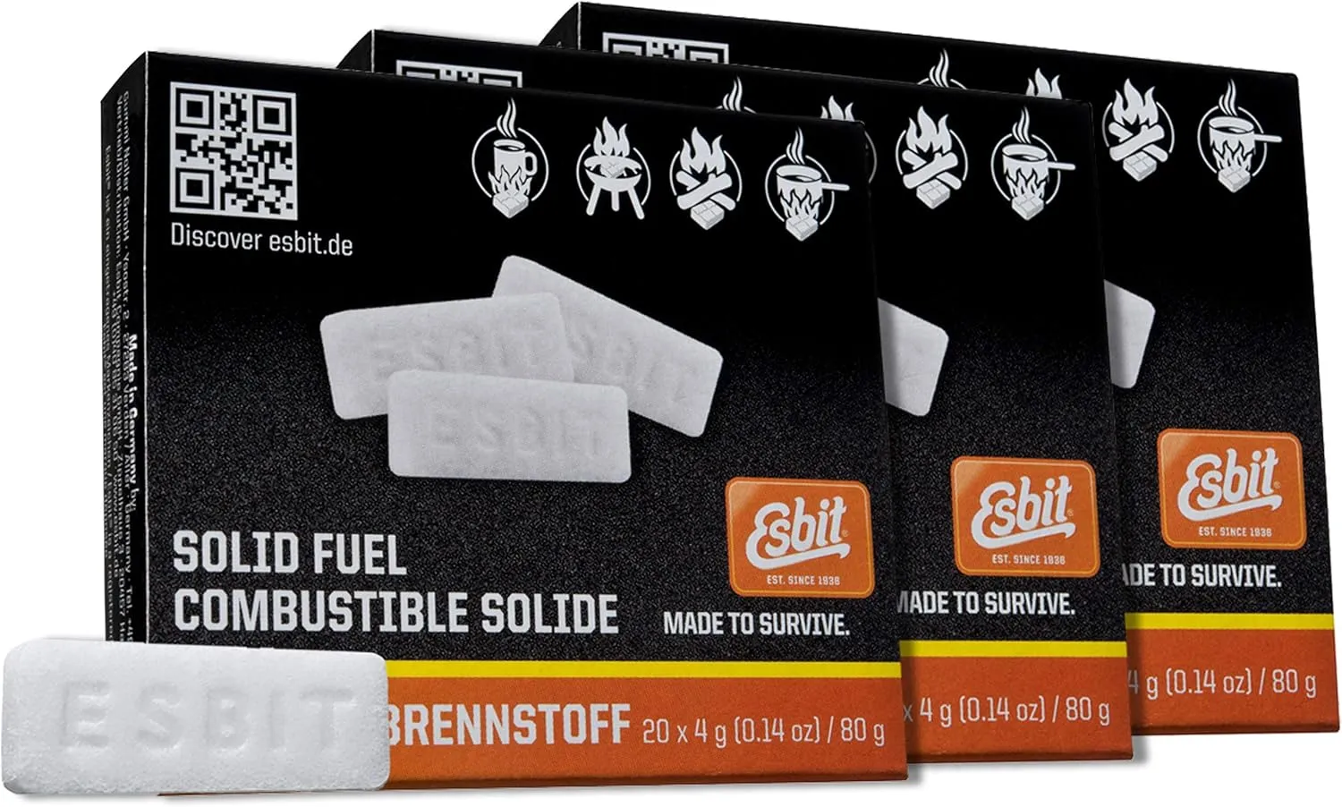 Esbit 4g Solid Fuel Tablets for Backpacking & Camping Stoves & Grills, 1300-Degree Smokeless Emergency Fire Starter Squares, 60 Pack