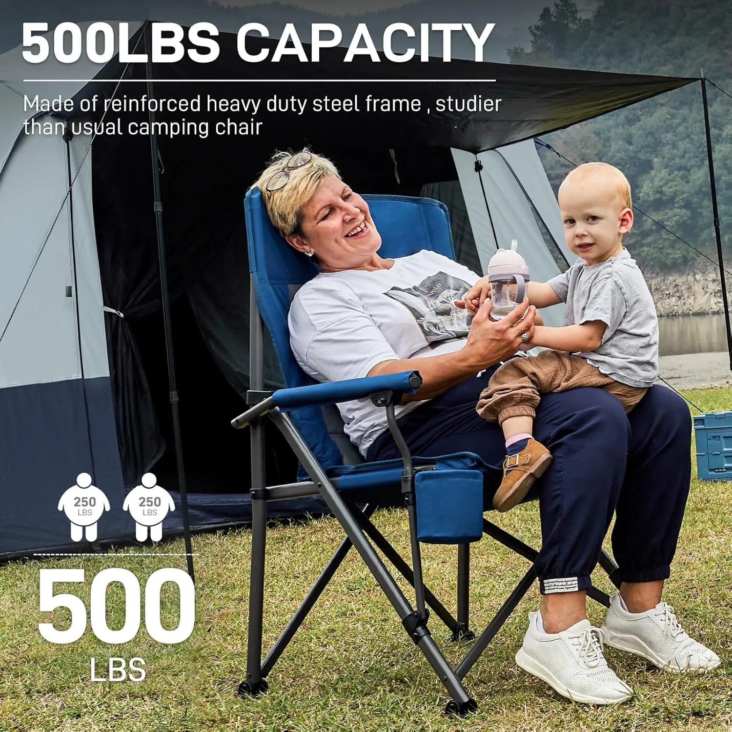 EVER ADVANCED Oversized Folding Camping Chair for Adults, Heavy Duty Lawn Chair with Side Pockets, Portable Collapsible Quad Chair for Outside, Support Up to 500lbs