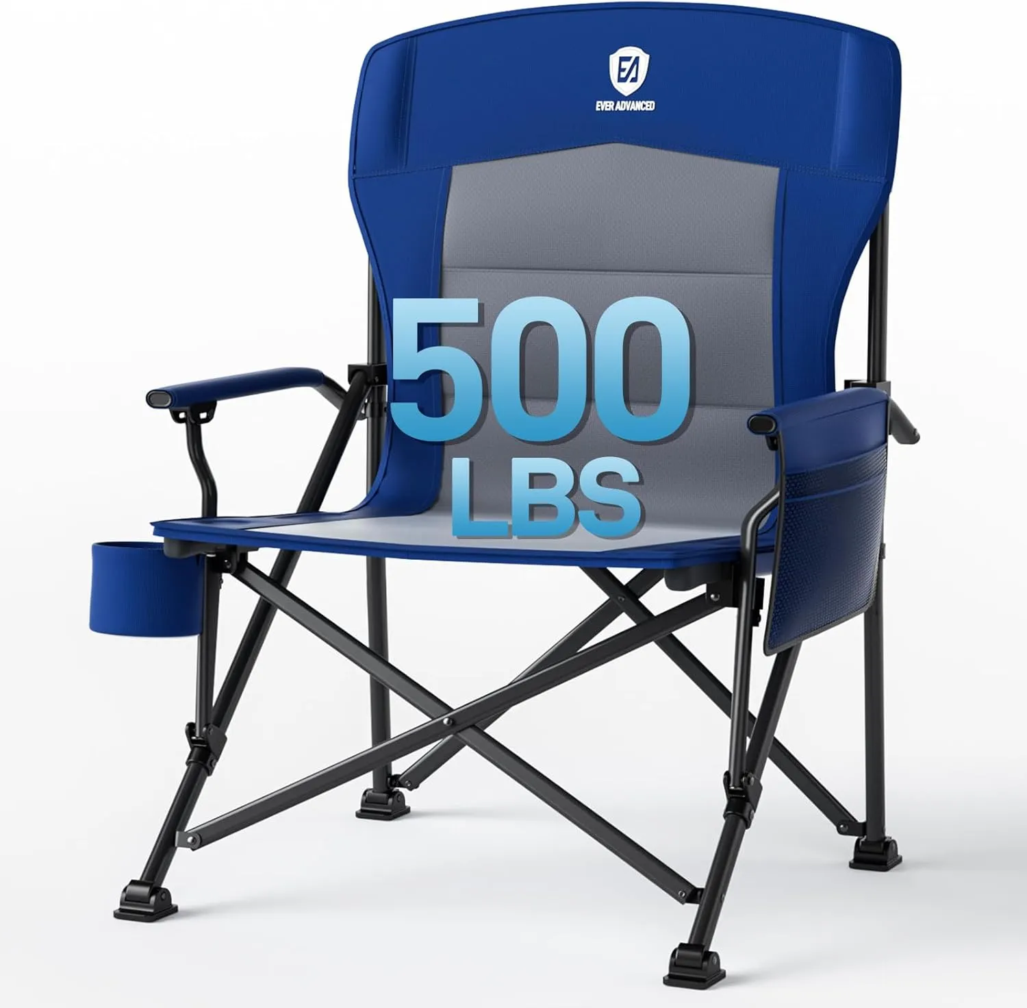 EVER ADVANCED Oversized Folding Camping Chair for Adults, Heavy Duty Lawn Chair with Side Pockets, Portable Collapsible Quad Chair for Outside, Support Up to 500lbs
