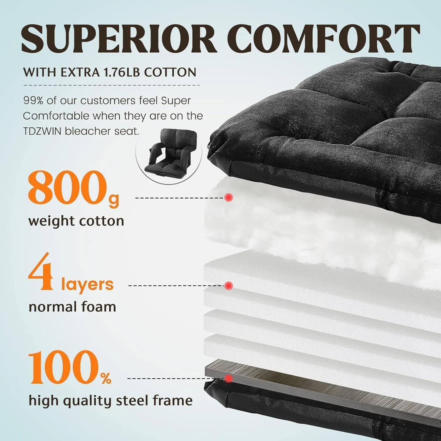 Extra Wide Stadium Seats with Back Support, Bleacher Chairs with Back and Cushion, 6 Reclining Positions, Stadium Chair Bleacher Seat with Armrests for Sport Events, Camping, Concerts (Black, 25")