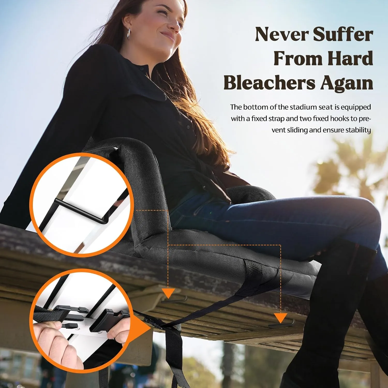 Extra Wide Stadium Seats with Back Support, Bleacher Chairs with Back and Cushion, 6 Reclining Positions, Stadium Chair Bleacher Seat with Armrests for Sport Events, Camping, Concerts (Black, 25")