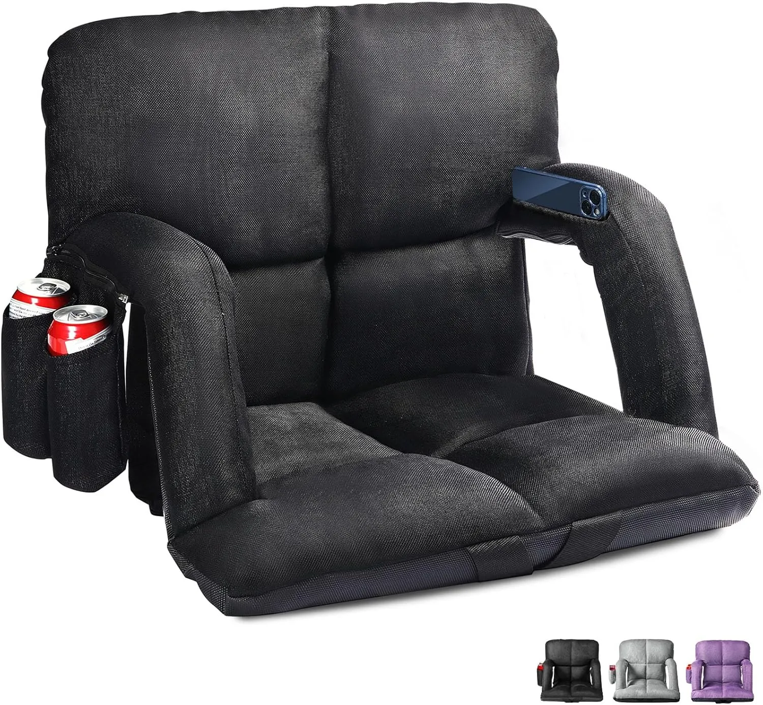 Extra Wide Stadium Seats with Back Support, Bleacher Chairs with Back and Cushion, 6 Reclining Positions, Stadium Chair Bleacher Seat with Armrests for Sport Events, Camping, Concerts (Black, 25")