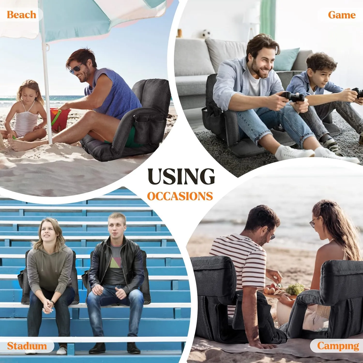 Extra Wide Stadium Seats with Back Support, Bleacher Chairs with Back and Cushion, 6 Reclining Positions, Stadium Chair Bleacher Seat with Armrests for Sport Events, Camping, Concerts (Black, 25")