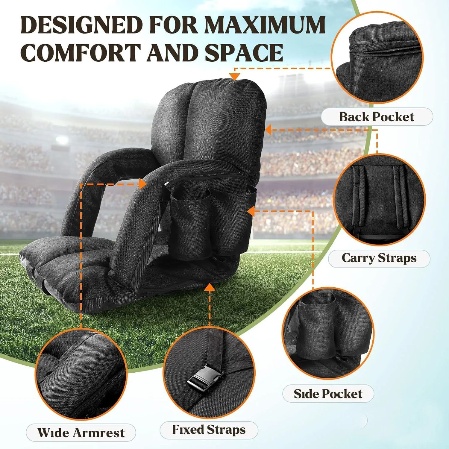 Extra Wide Stadium Seats with Back Support, Bleacher Chairs with Back and Cushion, 6 Reclining Positions, Stadium Chair Bleacher Seat with Armrests for Sport Events, Camping, Concerts (Black, 25")