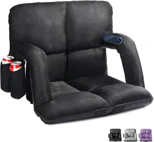 Extra Wide Stadium Seats with Back Support, Bleacher Chairs with Back and Cushion, 6 Reclining Positions, Stadium Chair Bleacher Seat with Armrests for Sport Events, Camping, Concerts (Black, 25")