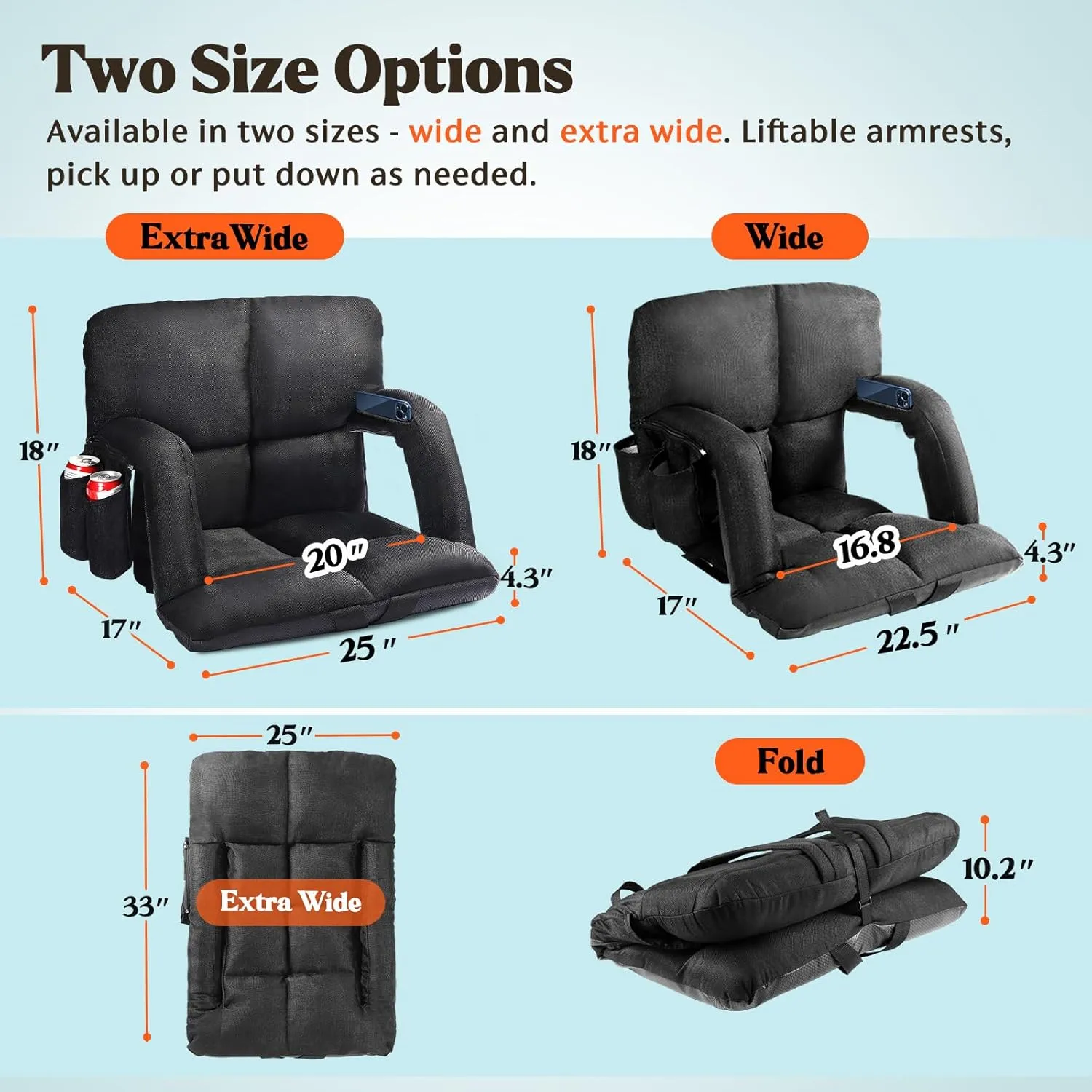 Extra Wide Stadium Seats with Back Support, Bleacher Chairs with Back and Cushion, 6 Reclining Positions, Stadium Chair Bleacher Seat with Armrests for Sport Events, Camping, Concerts (Black, 25")