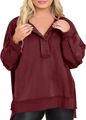 Eytino Women's Plus Size Sweatshirts Button Henley Neck Casual Long Sleeve Oversized Pullover Tops Shirts(1X-5X)