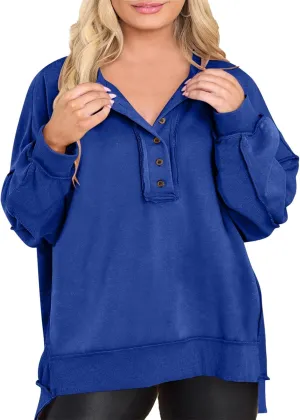 Eytino Women's Plus Size Sweatshirts Button Henley Neck Casual Long Sleeve Oversized Pullover Tops Shirts(1X-5X)