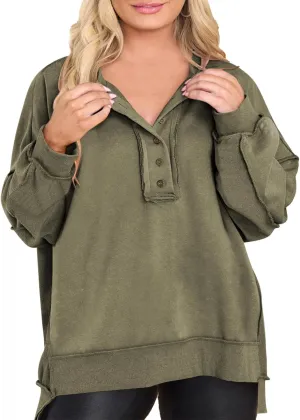 Eytino Women's Plus Size Sweatshirts Button Henley Neck Casual Long Sleeve Oversized Pullover Tops Shirts(1X-5X)