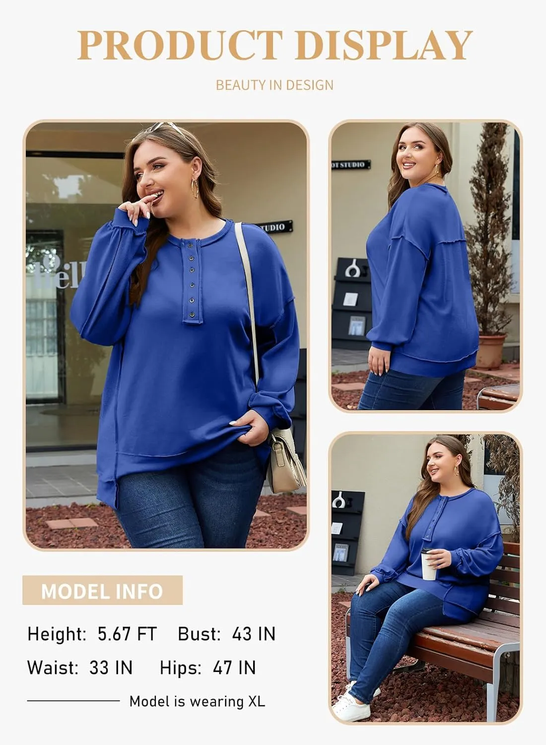 Eytino Women's Plus Size Sweatshirts Button Henley Neck Casual Long Sleeve Oversized Pullover Tops Shirts(1X-5X)