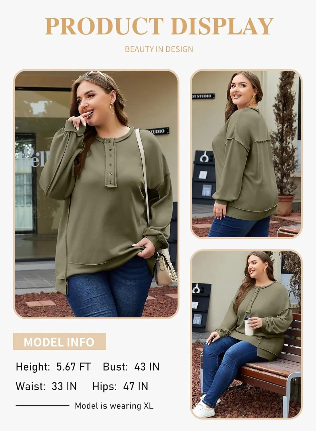 Eytino Women's Plus Size Sweatshirts Button Henley Neck Casual Long Sleeve Oversized Pullover Tops Shirts(1X-5X)