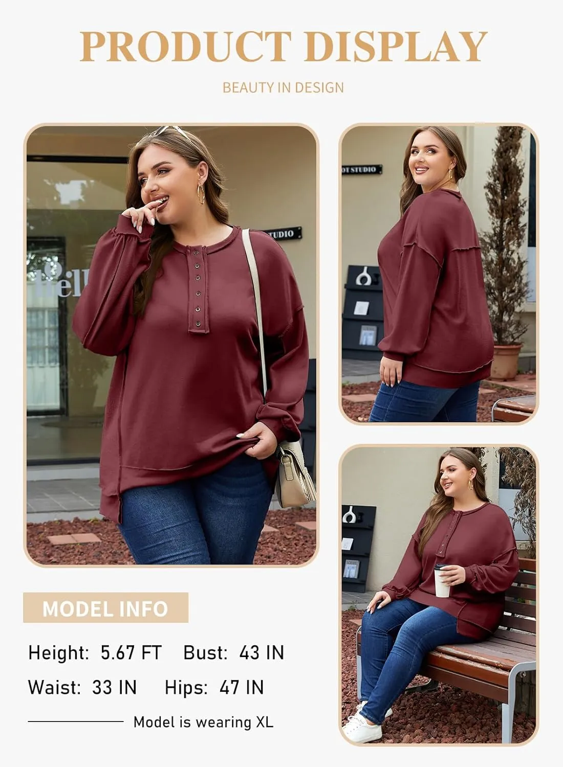 Eytino Women's Plus Size Sweatshirts Button Henley Neck Casual Long Sleeve Oversized Pullover Tops Shirts(1X-5X)