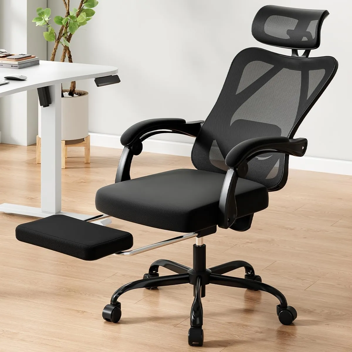 Farini Ergonomic Office Chair with Footrest, Mesh Office Desk Chair with Headrest, High Back Computer Chair with Adjustable Lumbar Support for Home Office Study Room Bedroom, Black & Black