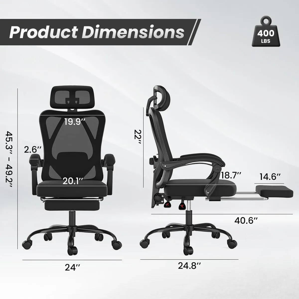 Farini Ergonomic Office Chair with Footrest, Mesh Office Desk Chair with Headrest, High Back Computer Chair with Adjustable Lumbar Support for Home Office Study Room Bedroom, Black & Black