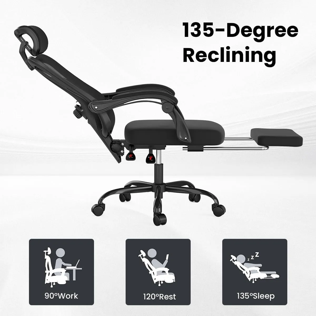 Farini Ergonomic Office Chair with Footrest, Mesh Office Desk Chair with Headrest, High Back Computer Chair with Adjustable Lumbar Support for Home Office Study Room Bedroom, Black & Black