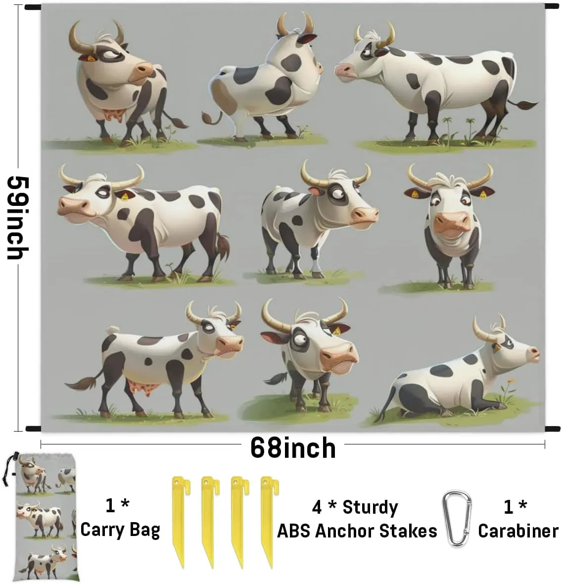 Farm Cow Beach Blanket, Sandproof Beach Mat, Adults Waterproof Quick Drying Sand Free Mat with 4 x Ground Spikes for Outdoor Travel Camping Hiking, Country Animal Cow