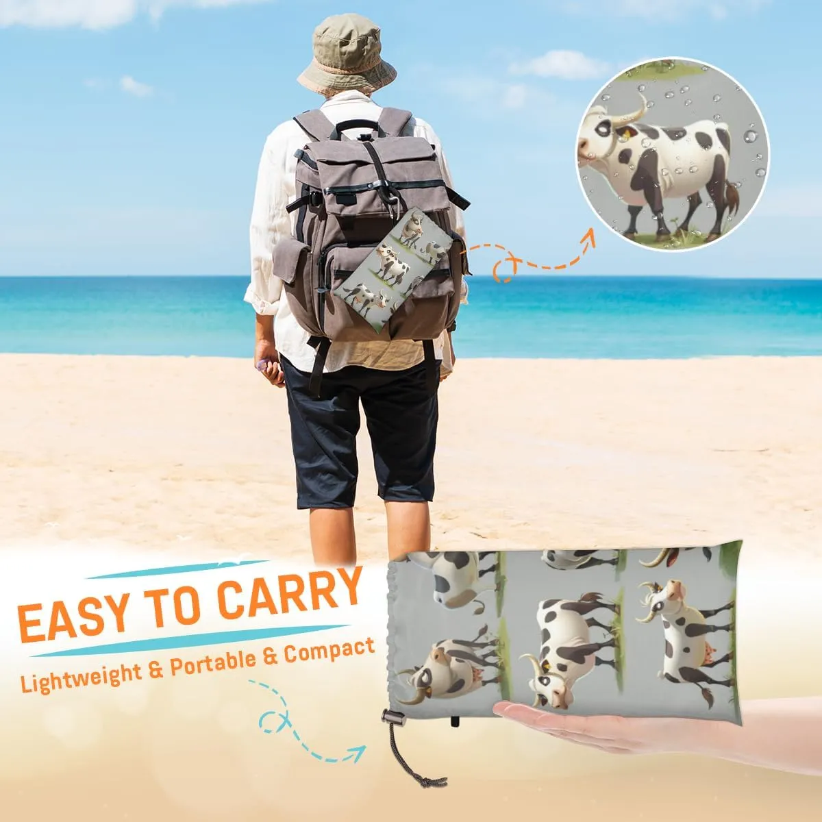 Farm Cow Beach Blanket, Sandproof Beach Mat, Adults Waterproof Quick Drying Sand Free Mat with 4 x Ground Spikes for Outdoor Travel Camping Hiking, Country Animal Cow