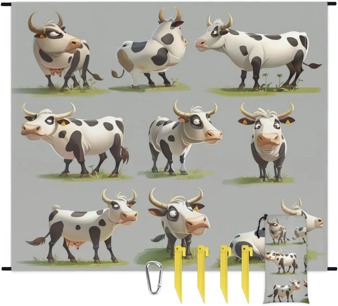 Farm Cow Beach Blanket, Sandproof Beach Mat, Adults Waterproof Quick Drying Sand Free Mat with 4 x Ground Spikes for Outdoor Travel Camping Hiking, Country Animal Cow