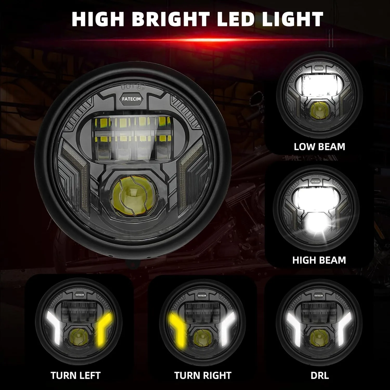 FATECIM 5.75” LED Motorcycle Headlight with Turn Signals DRL Hi/Low Beam Side Mount 5-3/4 Inch Round Motorbike Headlamp for Harley Kawasaki Honda Yamaha Suzuki Chopper Cafe Racer Bobber Gloss Black