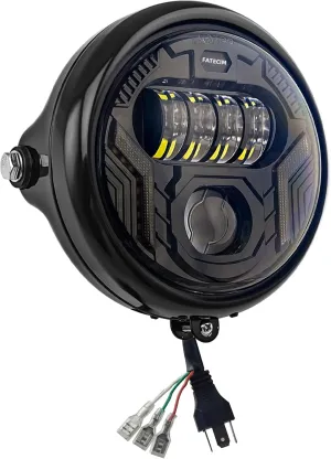 FATECIM 5.75” LED Motorcycle Headlight with Turn Signals DRL Hi/Low Beam Side Mount 5-3/4 Inch Round Motorbike Headlamp for Harley Kawasaki Honda Yamaha Suzuki Chopper Cafe Racer Bobber Gloss Black