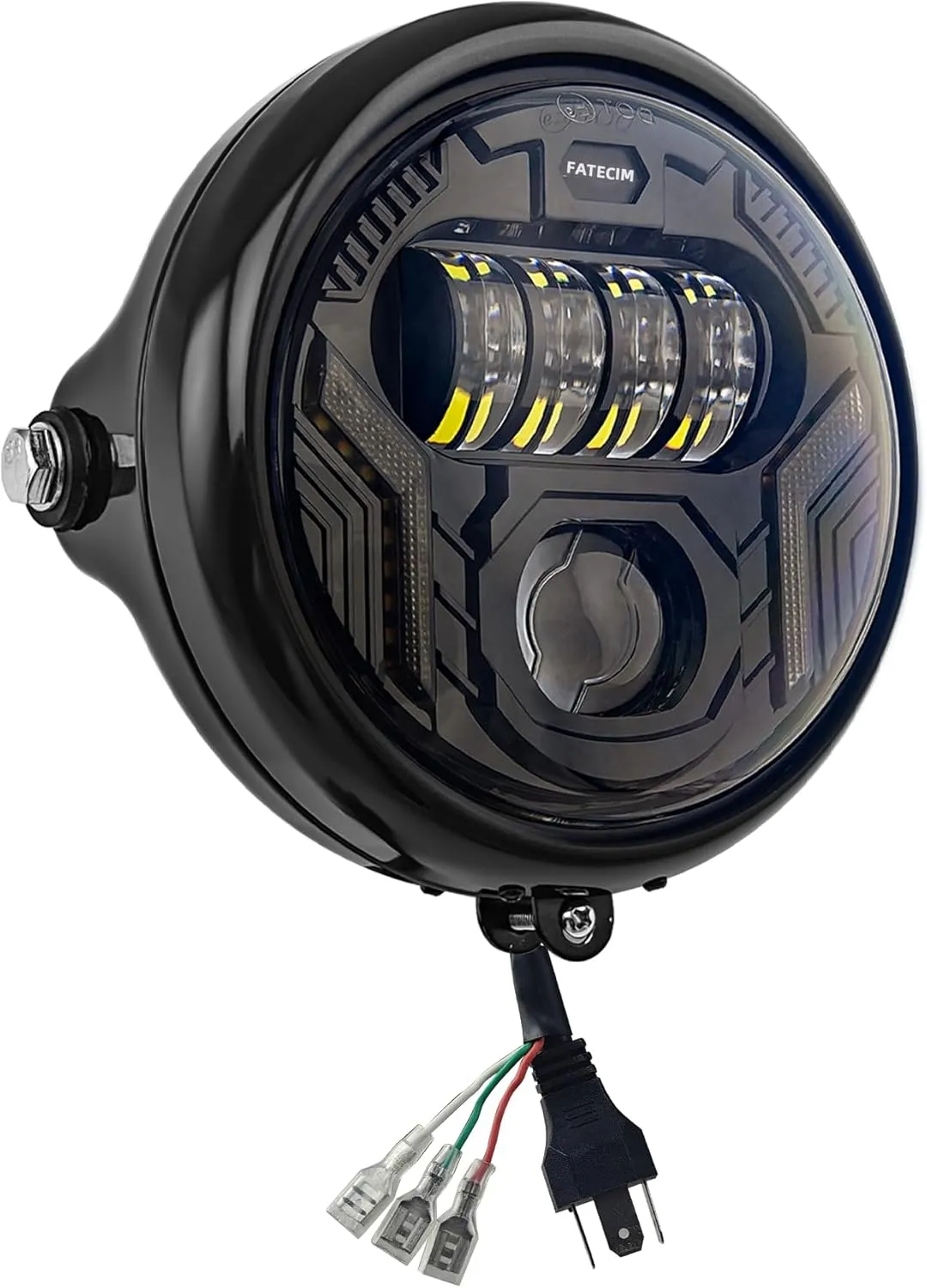 FATECIM 5.75” LED Motorcycle Headlight with Turn Signals DRL Hi/Low Beam Side Mount 5-3/4 Inch Round Motorbike Headlamp for Harley Kawasaki Honda Yamaha Suzuki Chopper Cafe Racer Bobber Gloss Black