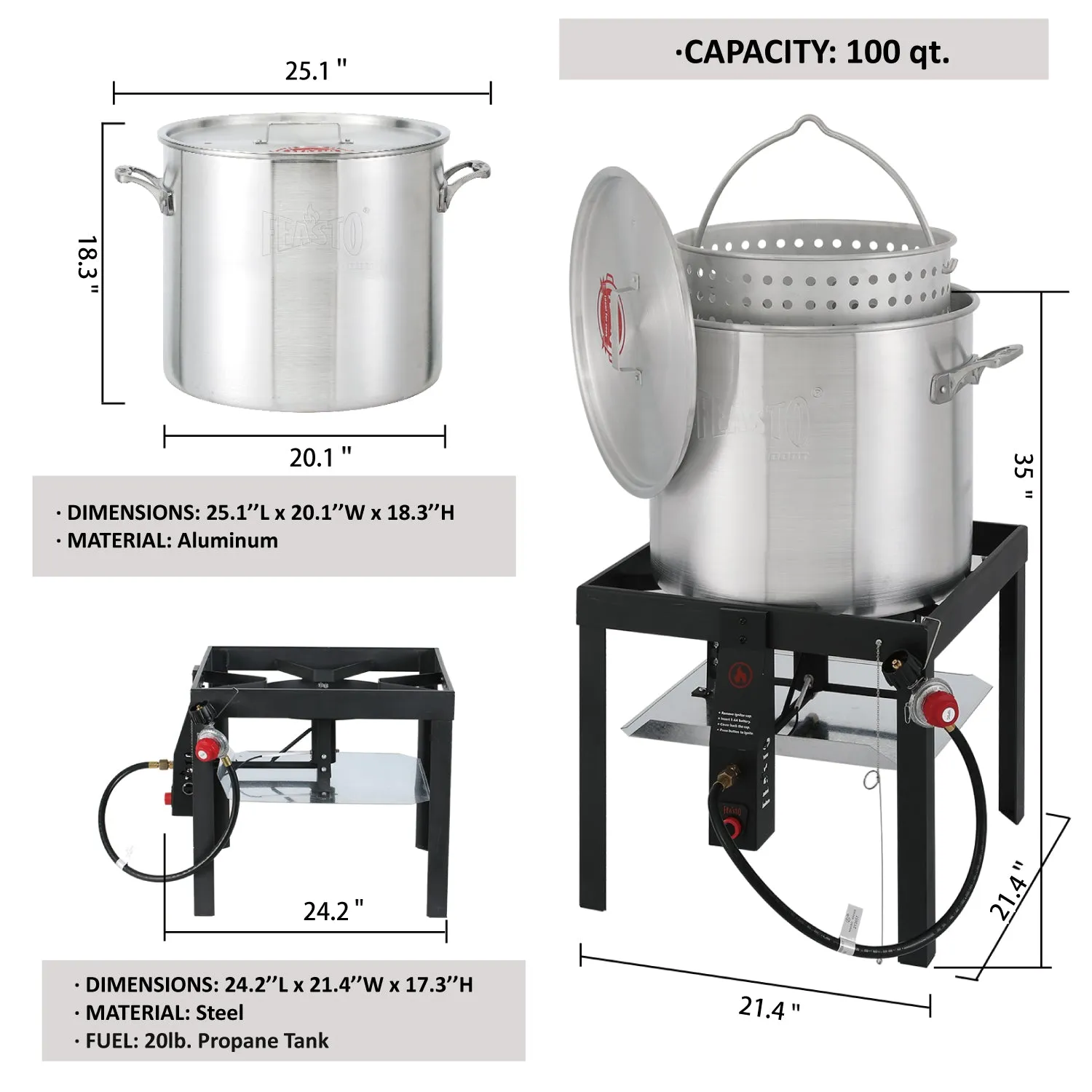 FEASTO 100QT Aluminum Boil Kit with Basket Perfect for Seafood Boiling and Steaming Outdoor Propane Gas Cooker with Adjustable 0-10 PSI Regulator Non-Assembly Frame Stand