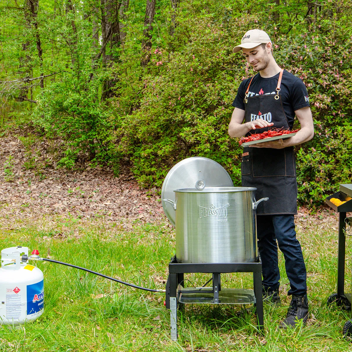 FEASTO 100QT Aluminum Boil Kit with Basket Perfect for Seafood Boiling and Steaming Outdoor Propane Gas Cooker with Adjustable 0-10 PSI Regulator Non-Assembly Frame Stand
