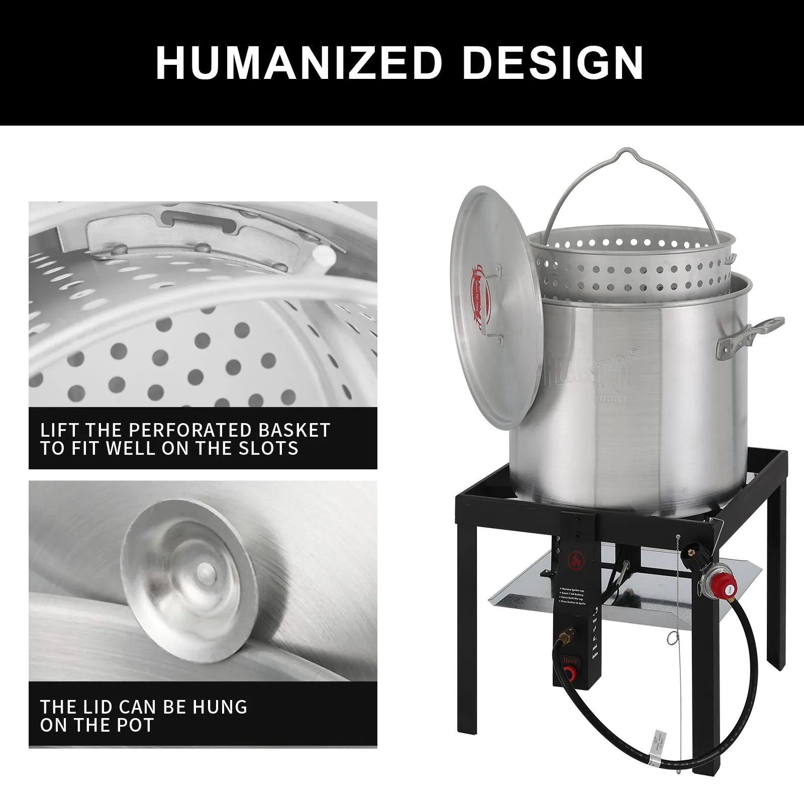 FEASTO 100QT Aluminum Boil Kit with Basket Perfect for Seafood Boiling and Steaming Outdoor Propane Gas Cooker with Adjustable 0-10 PSI Regulator Non-Assembly Frame Stand