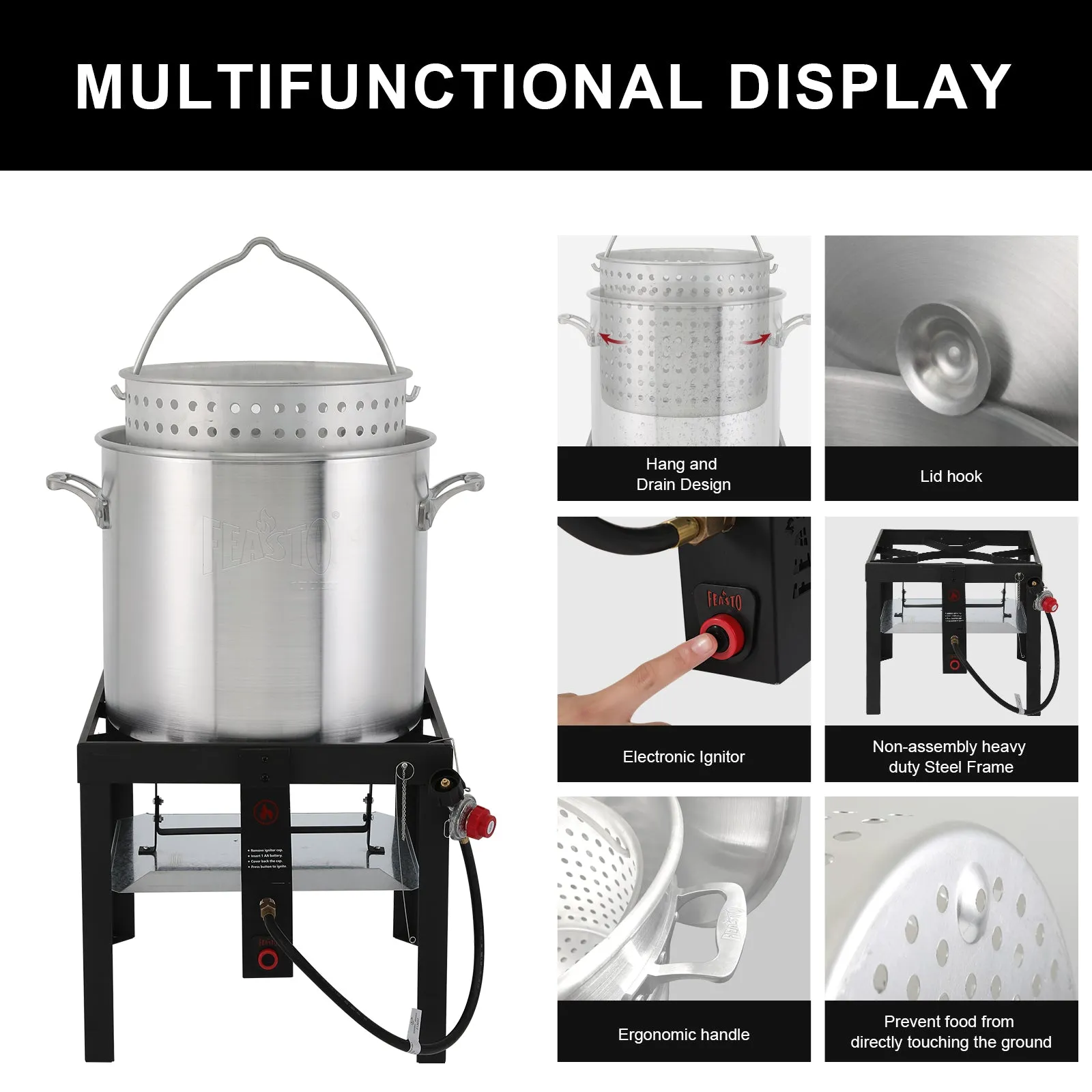 FEASTO 100QT Aluminum Boil Kit with Basket Perfect for Seafood Boiling and Steaming Outdoor Propane Gas Cooker with Adjustable 0-10 PSI Regulator Non-Assembly Frame Stand