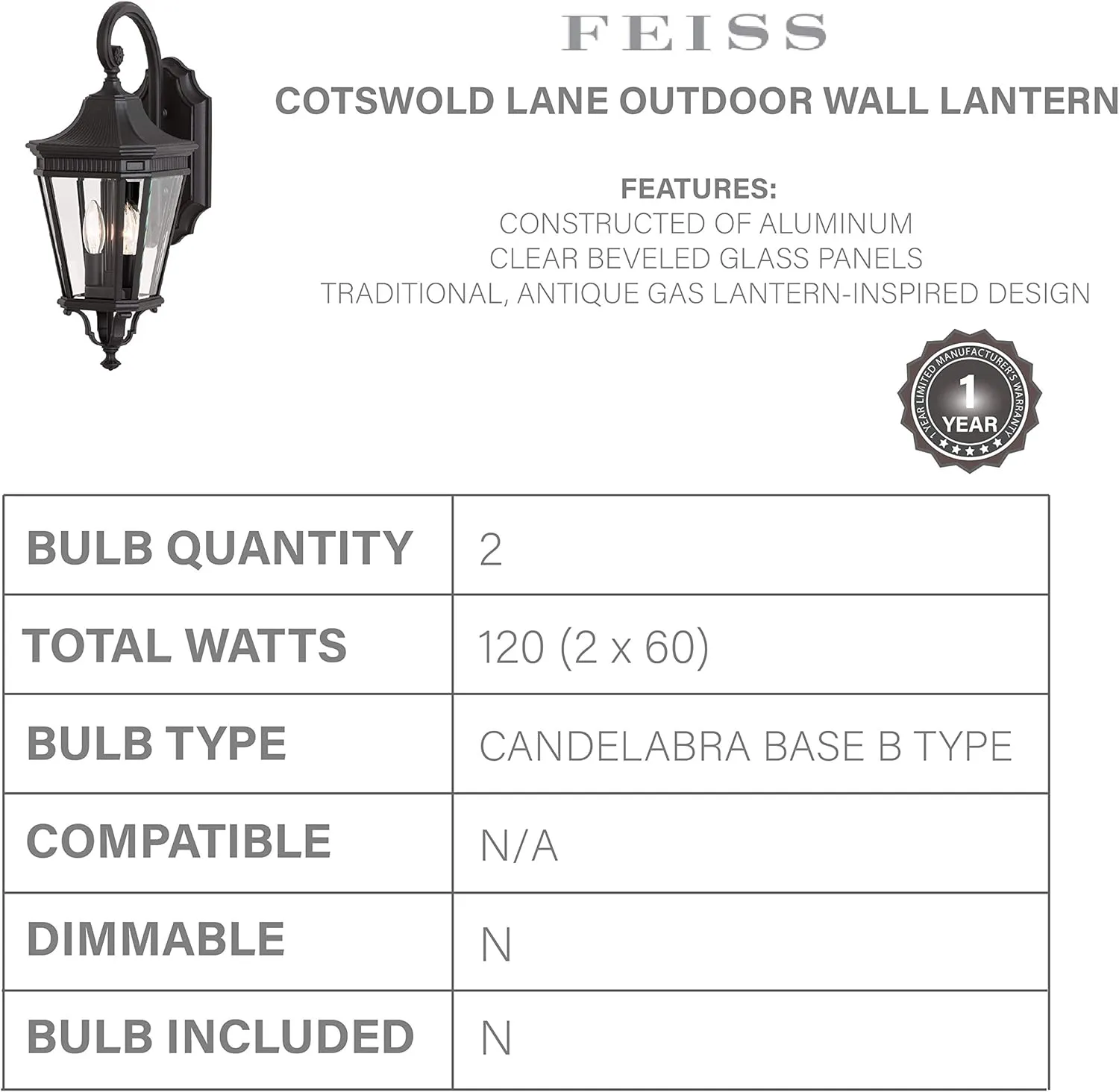 Feiss OL5401BK Cotswold Lane Outdoor Patio Lighting Wall Lantern, Black, 2-Light (9"W x 21"H) 120watts