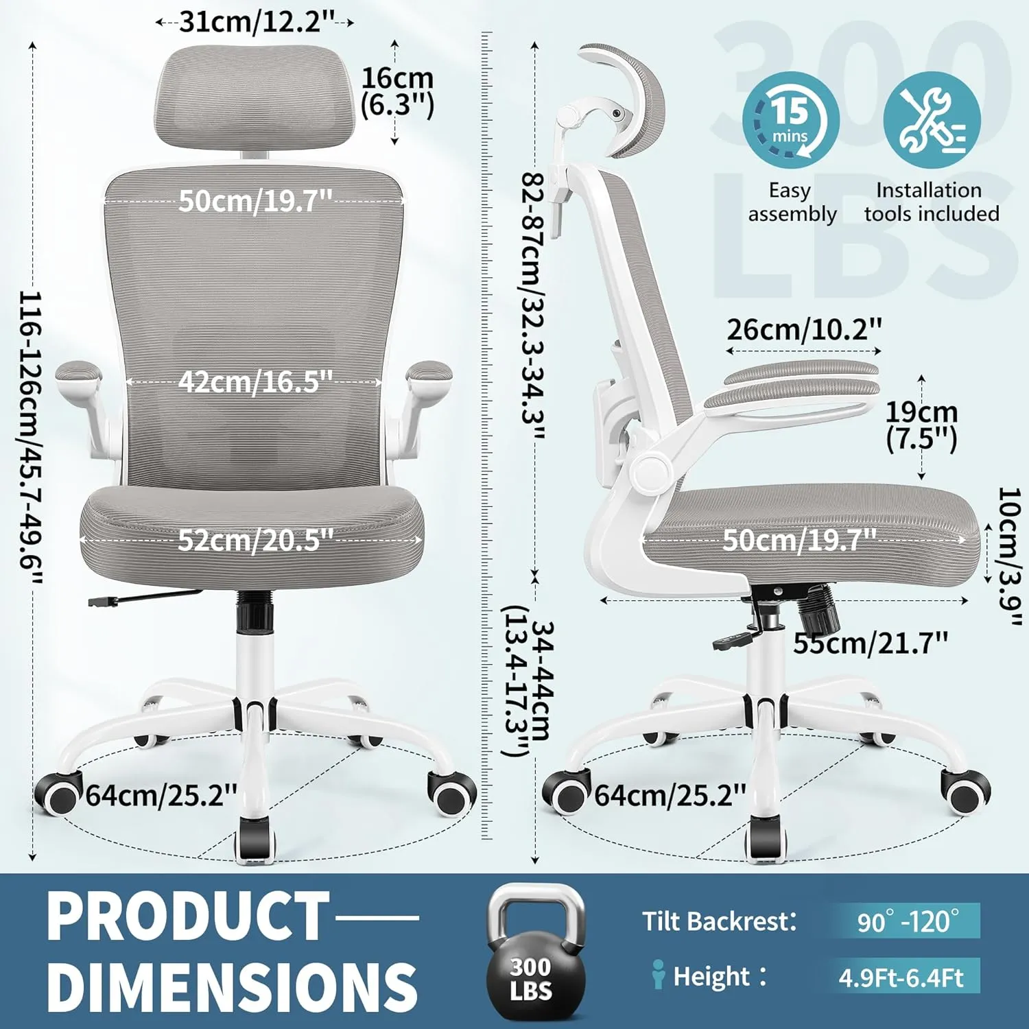 FelixKing Ergonomic Office Chair, Headrest Desk Chair with Adjustable Lumbar Support, Home Office Swivel Task Chair with High Back and Armrest, Adjustable Height Gaming Chair(Gray)