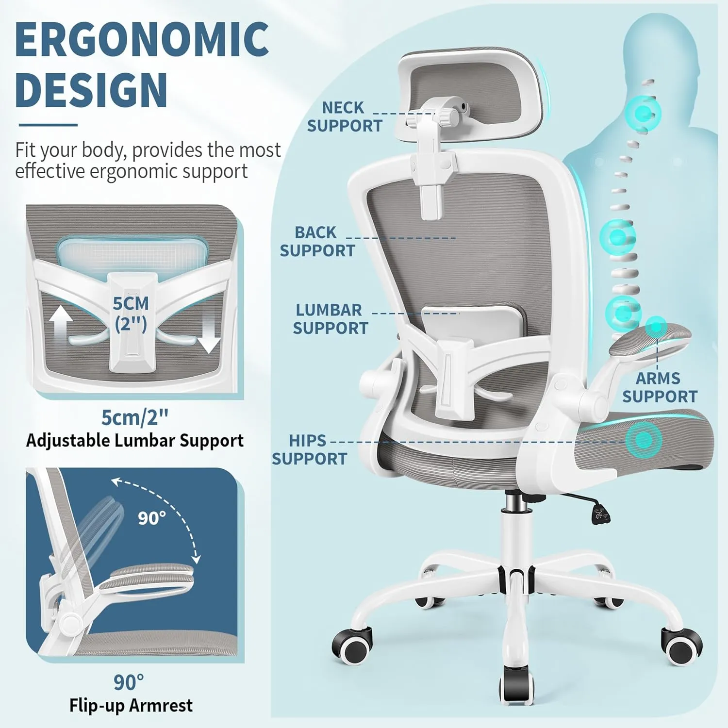FelixKing Ergonomic Office Chair, Headrest Desk Chair with Adjustable Lumbar Support, Home Office Swivel Task Chair with High Back and Armrest, Adjustable Height Gaming Chair(Gray)