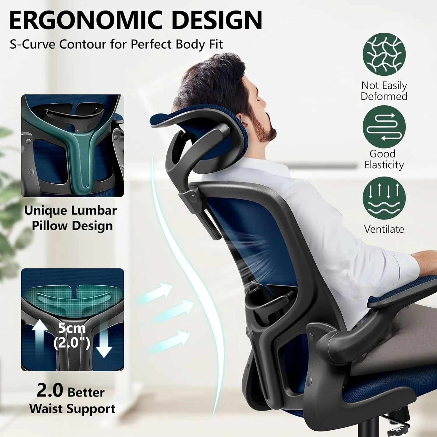 FelixKing Ergonomic Office Desk Chair with Headrest, Wheels, Adjustable Lumbar Support and Height, Swivel Comfy Task Chair with Flip-up Armrests, Ergo Mesh Backrest for Working (Navy)