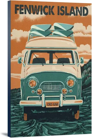 Fenwick Island, Delaware, Letterpress, Camper Van, (16x24 Wrapped Canvas, Wall Decor, Artwork)
