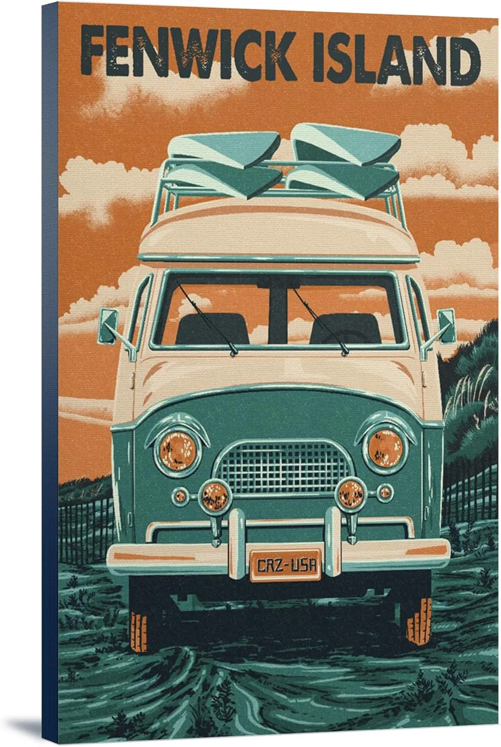 Fenwick Island, Delaware, Letterpress, Camper Van, (16x24 Wrapped Canvas, Wall Decor, Artwork)