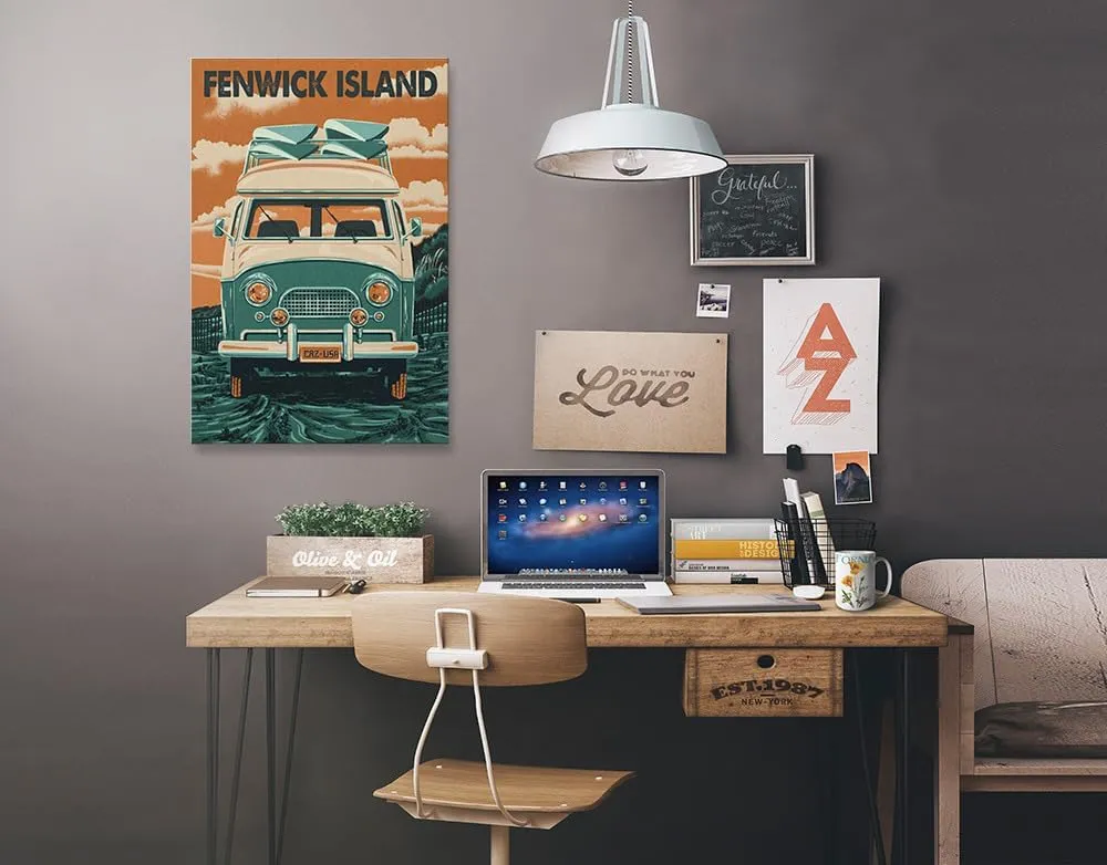 Fenwick Island, Delaware, Letterpress, Camper Van, (16x24 Wrapped Canvas, Wall Decor, Artwork)
