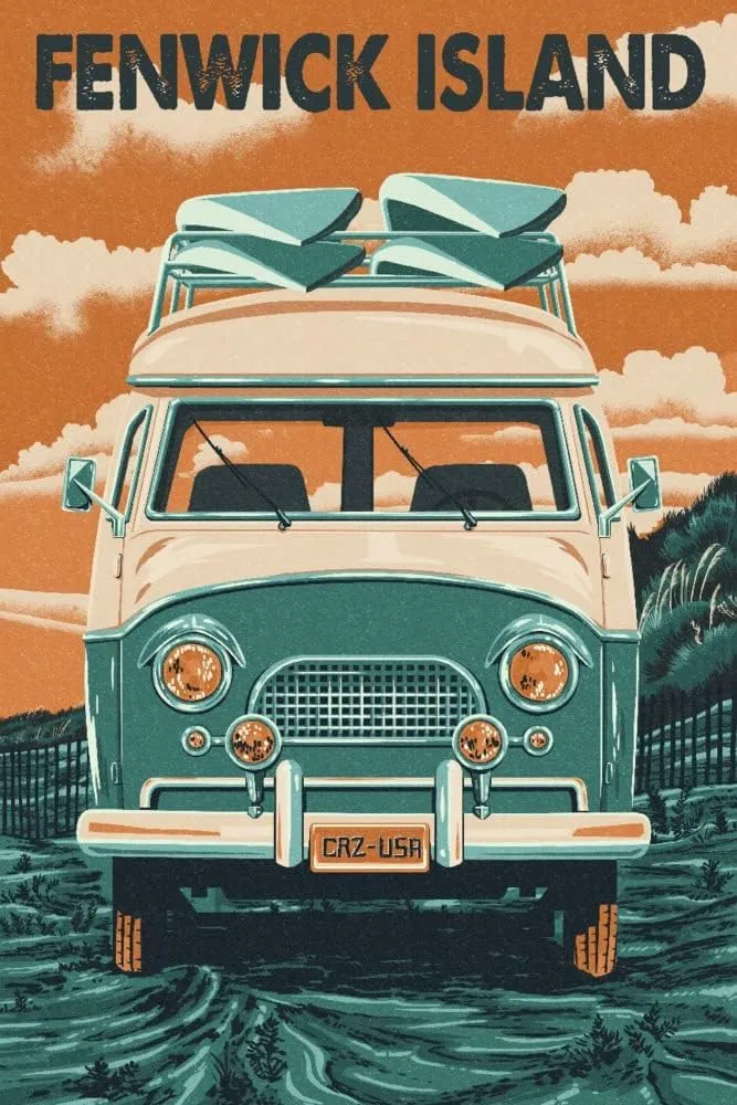 Fenwick Island, Delaware, Letterpress, Camper Van, (16x24 Wrapped Canvas, Wall Decor, Artwork)