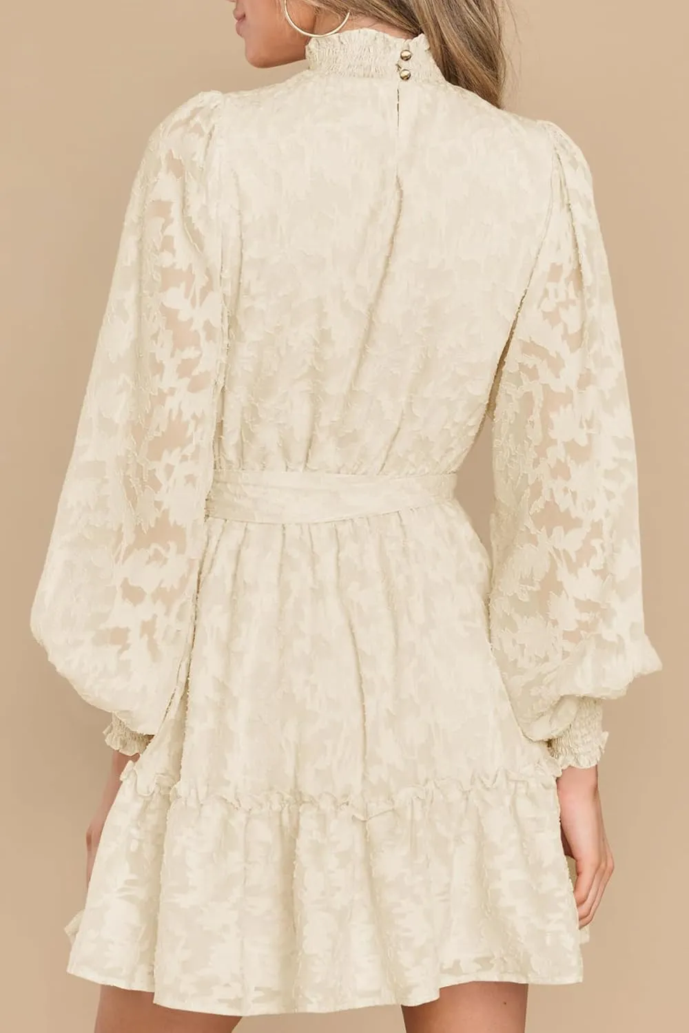 Ferlema Womens 2024 Long Puff Sleeve Smocked High Neck Tie Waist Floral Lace A Line Flowy Party Mini Dress