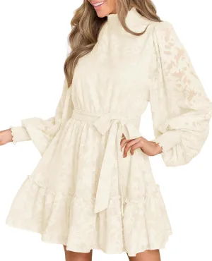 Ferlema Womens 2024 Long Puff Sleeve Smocked High Neck Tie Waist Floral Lace A Line Flowy Party Mini Dress