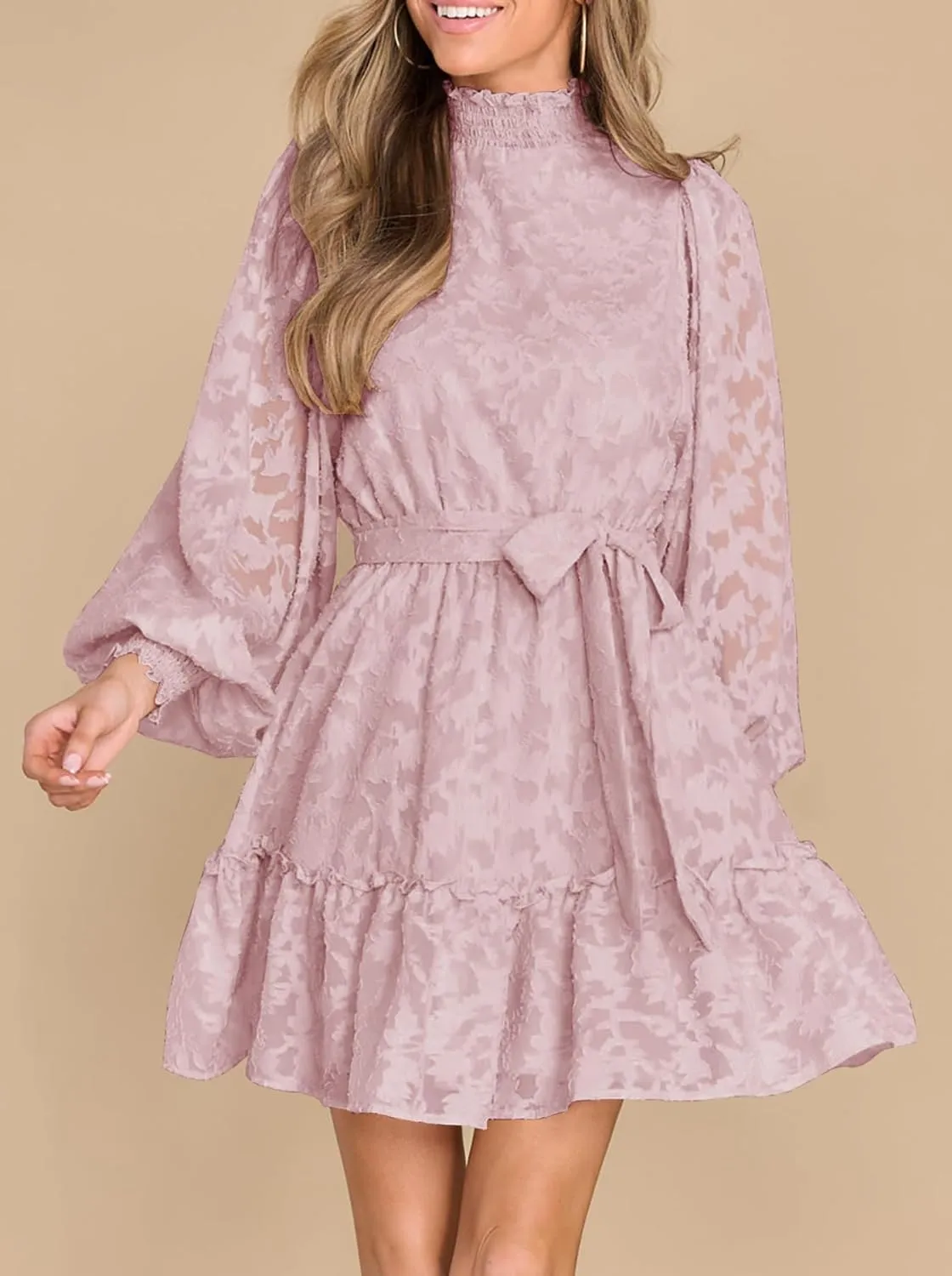 Ferlema Womens 2024 Long Puff Sleeve Smocked High Neck Tie Waist Floral Lace A Line Flowy Party Mini Dress